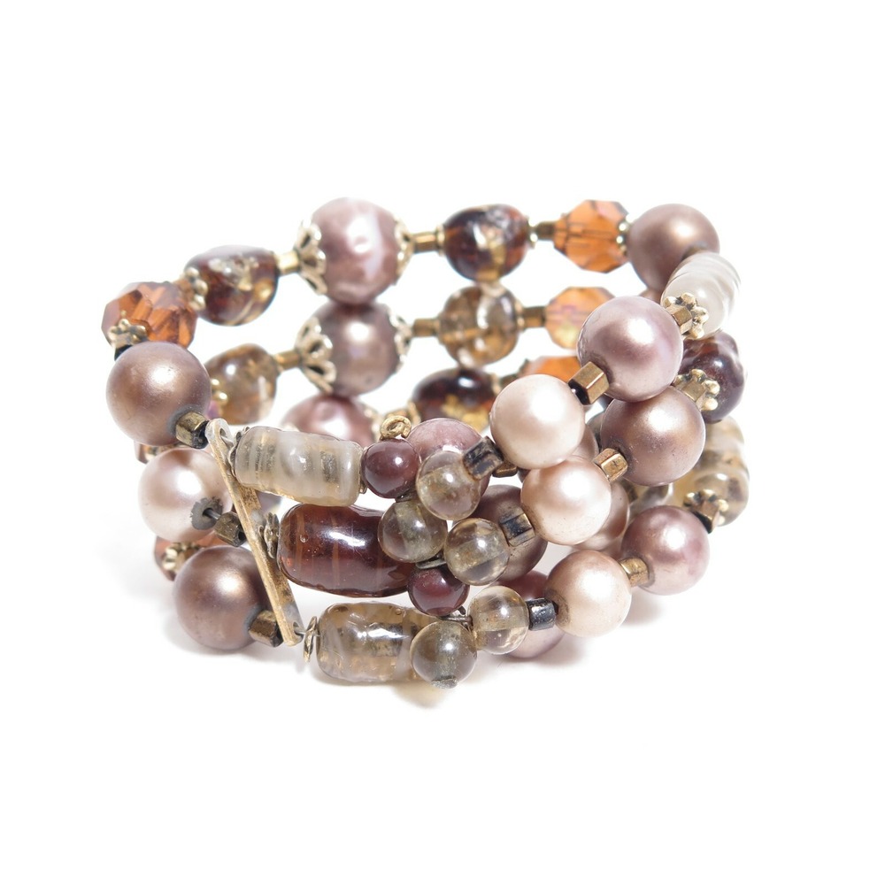 VINTAGE ART GLASS BEADED WRAP MEMORY WIRE BRACELET*SHADES OF BROWN PEARL CRYSTAL
